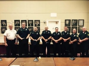 Melrose officials swore in five officers to the Melrose Police Depatment on Thursday morning. Left-to-right: Police Chief Michael Lyle, Officer Brian Trainor, Officer Travis Nally, Officer Marco DePalma, Officer John Goodhue, Officer Nick MacIntosh, Lt. Tim Maher and Lt. Mark DeCroteau. (Courtesy Photo)
